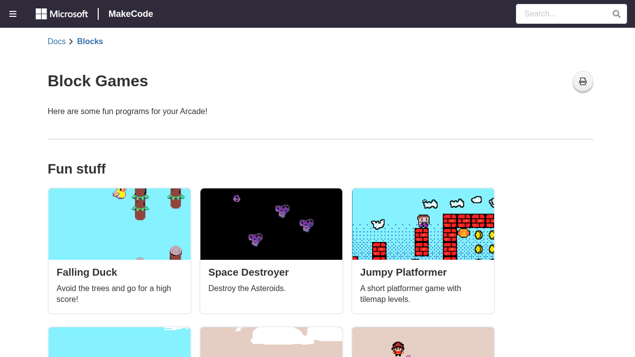 MakeCode Arcadeのゲーム例ページのスクリーンショット
