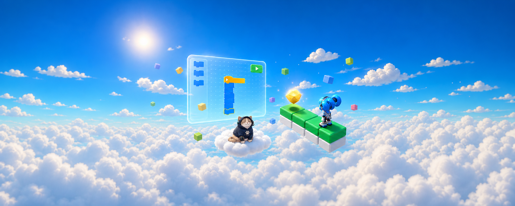 雲の上に浮かぶブロックとキャラクター